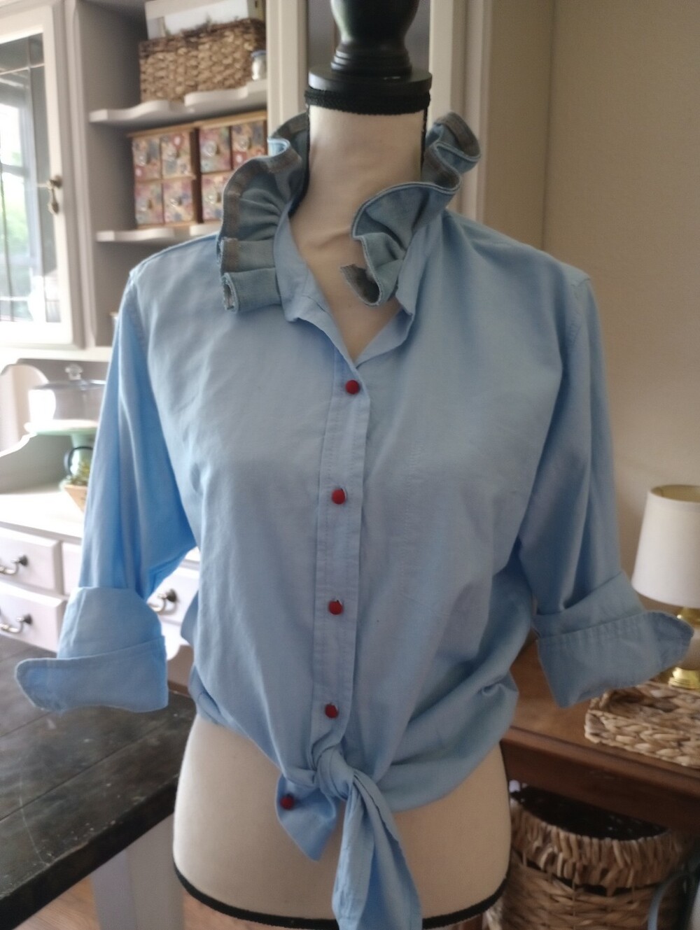 Light Blue Ruffle Collar Button-Up Shirt - Picture 3 of 10